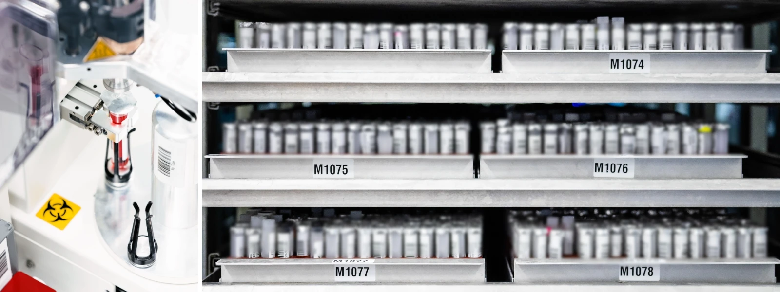 Rows of labeled test tubes stored in metal trays inside a laboratory storage unit, with a machine and biohazard symbol visible on the left side.