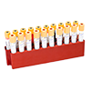 A red PathFinder Rack holds multiple capped blood collection tubes, each labeled with white stickers.