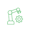 Green outline icon of a PathFinder 350D robotic arm positioned next to a gear, symbolizing automation or industrial robotics, on a plain white background.