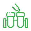 Green outline icon of two test tubes in holders, with a pipette dropping liquid into one tube.
