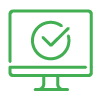 Green outline of a computer monitor with a checkmark inside a circle displayed on the screen, symbolizing successful completion or verification with a touch of special chemistry.
