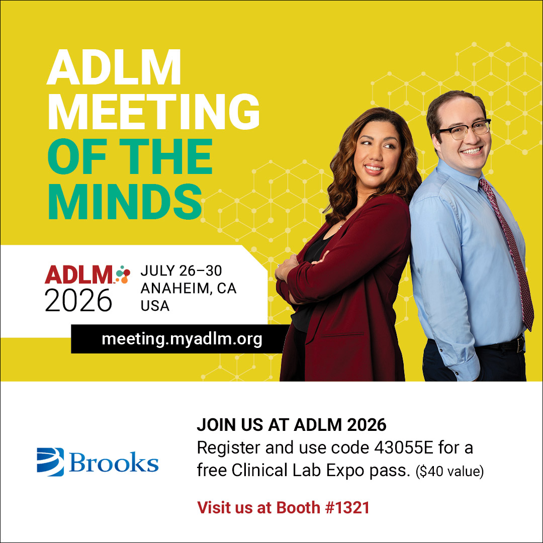 Two professionally dressed people stand side by side with the text promoting the ADLM 2026 Meeting in Anaheim, CA, and a special offer for a free Clinical Lab Expo pass from Brooks.